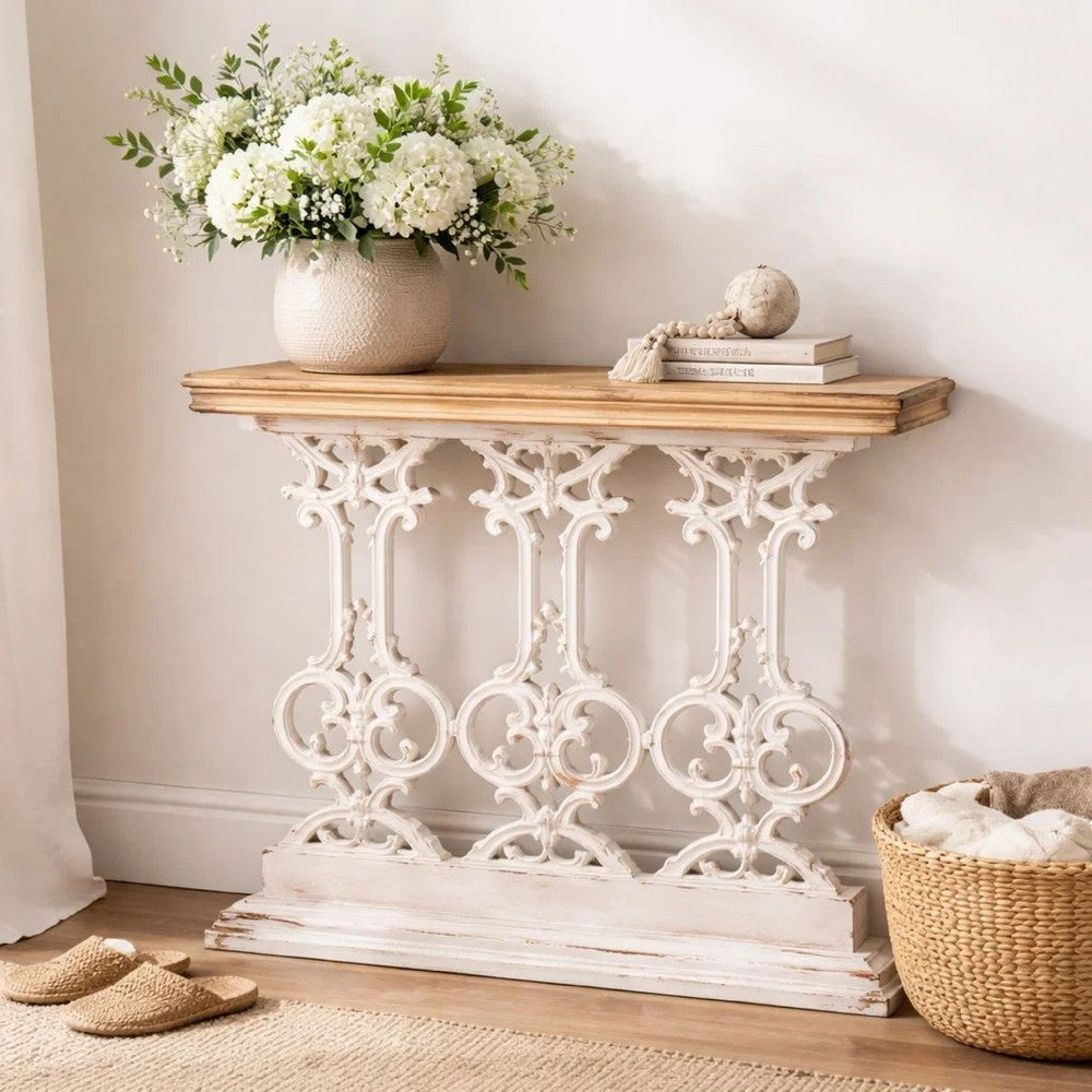 32 Inch Console Table, Fir Wood, Traditional, Scrollwork, Antique White - BM285142