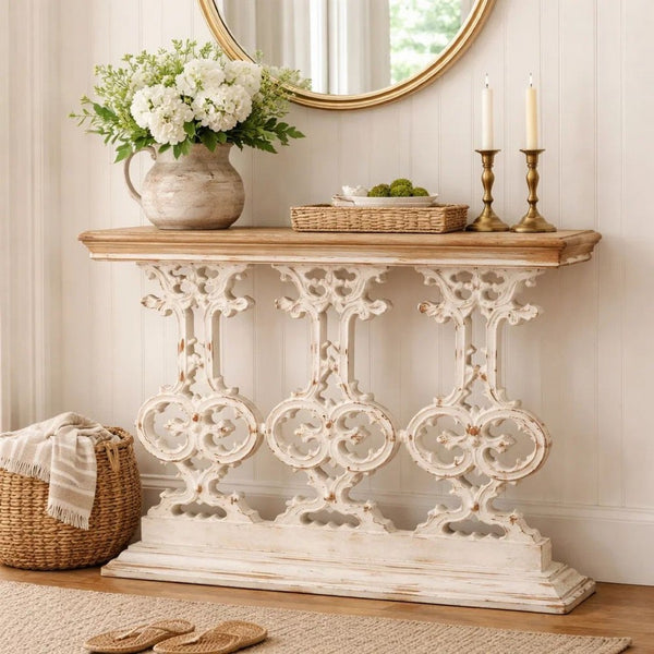 32 Inch Console Table, Fir Wood, Traditional, Scrollwork, Antique White - BM285142
