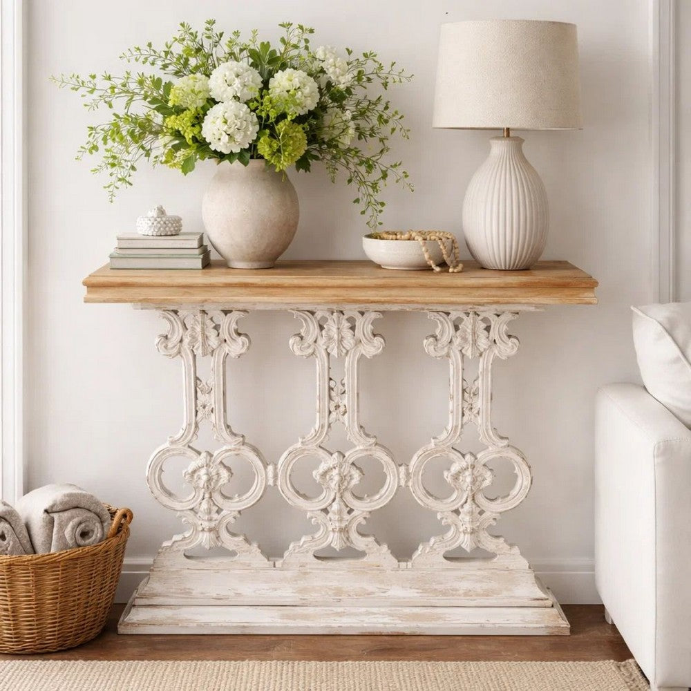 32 Inch Console Table, Fir Wood, Traditional, Scrollwork, Antique White - BM285142