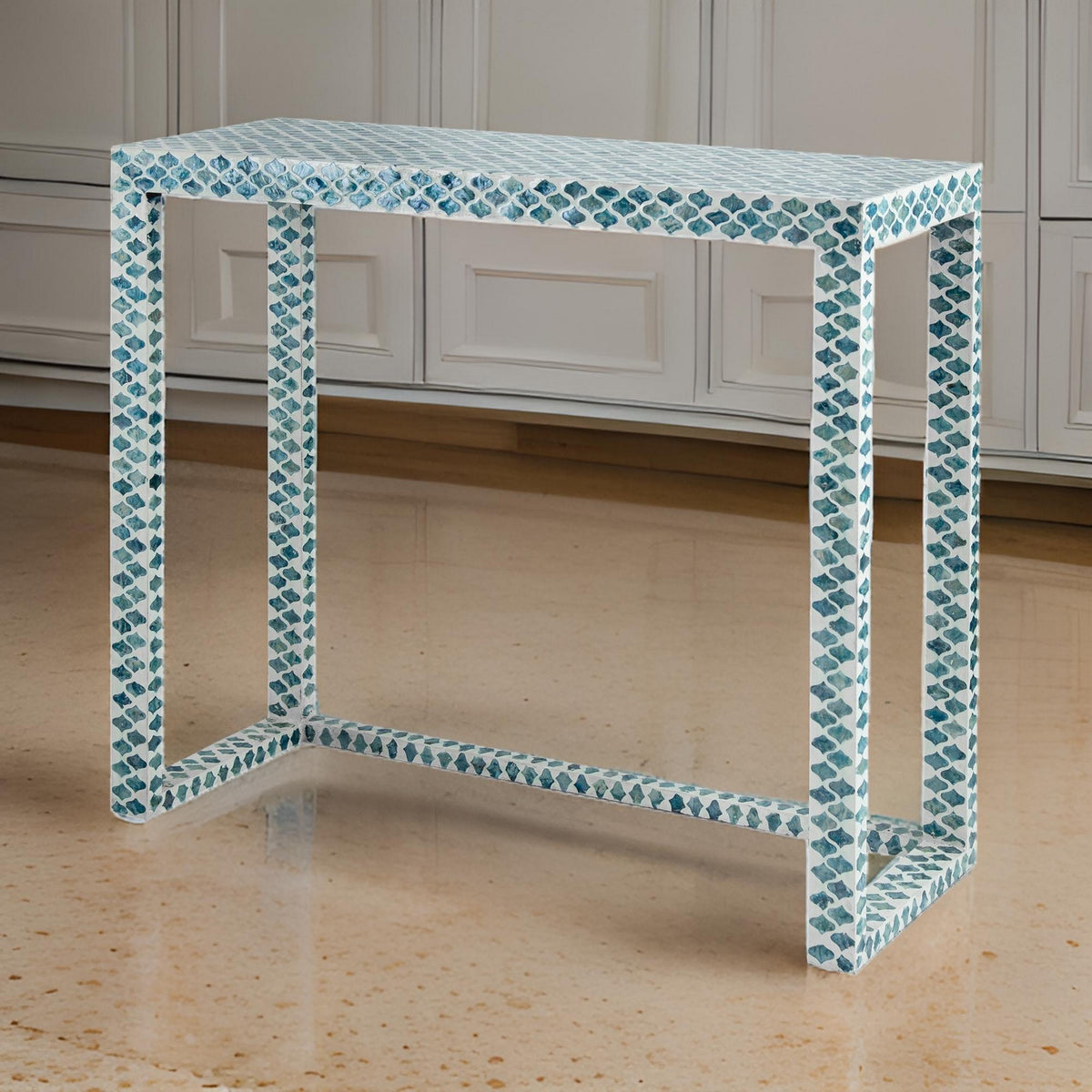 36 Inch Accent Console Table, Capiz Shell Inlay, Rectangular, Blue - BM285148