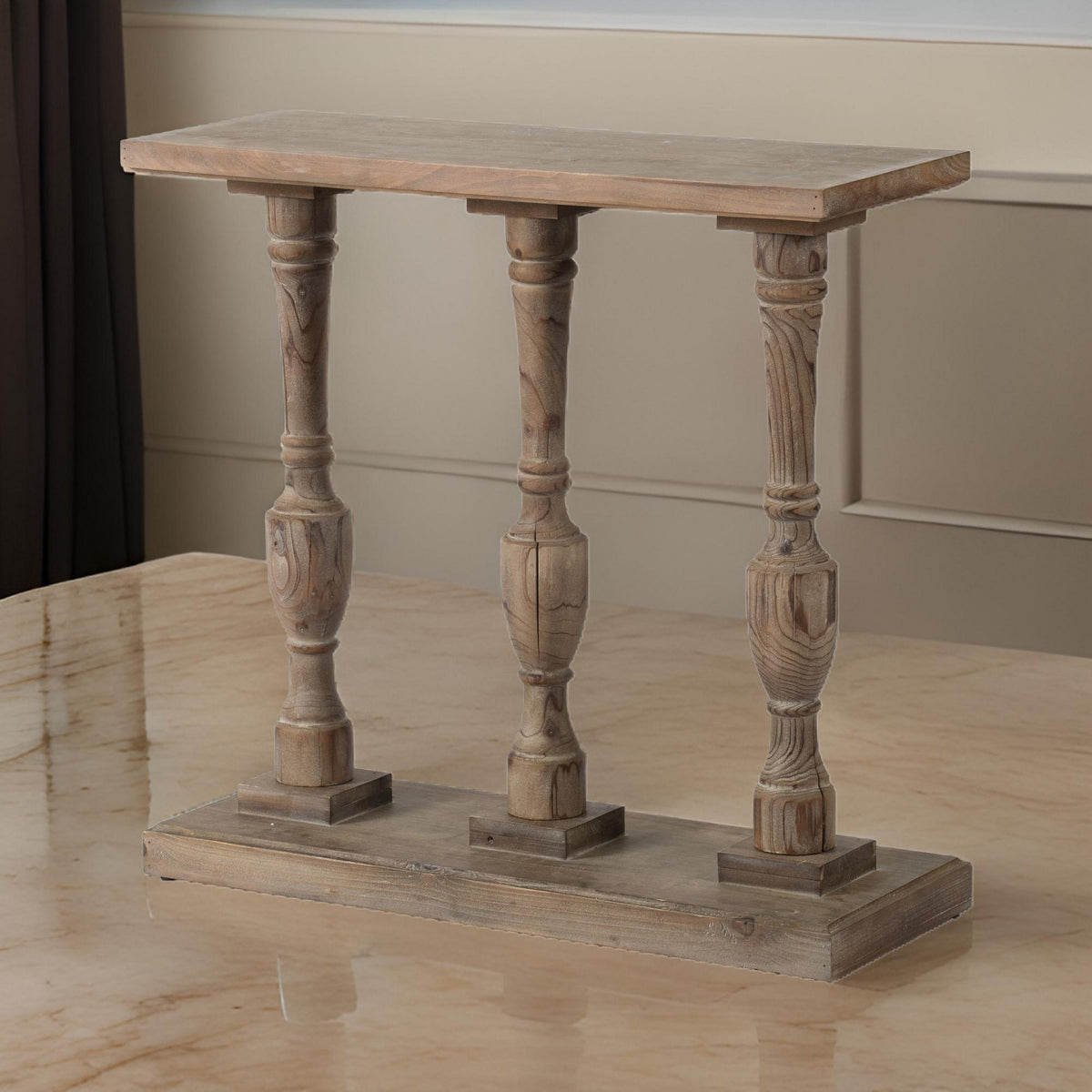 36 Inch Console Table, Fir Wood, Classical Turned Pedestal Base, Gray - BM285154