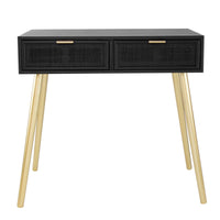 Pia 32 Inch Wood Console Table, 2 Drawers, Woven Rattan Design, Black, Gold - BM285177