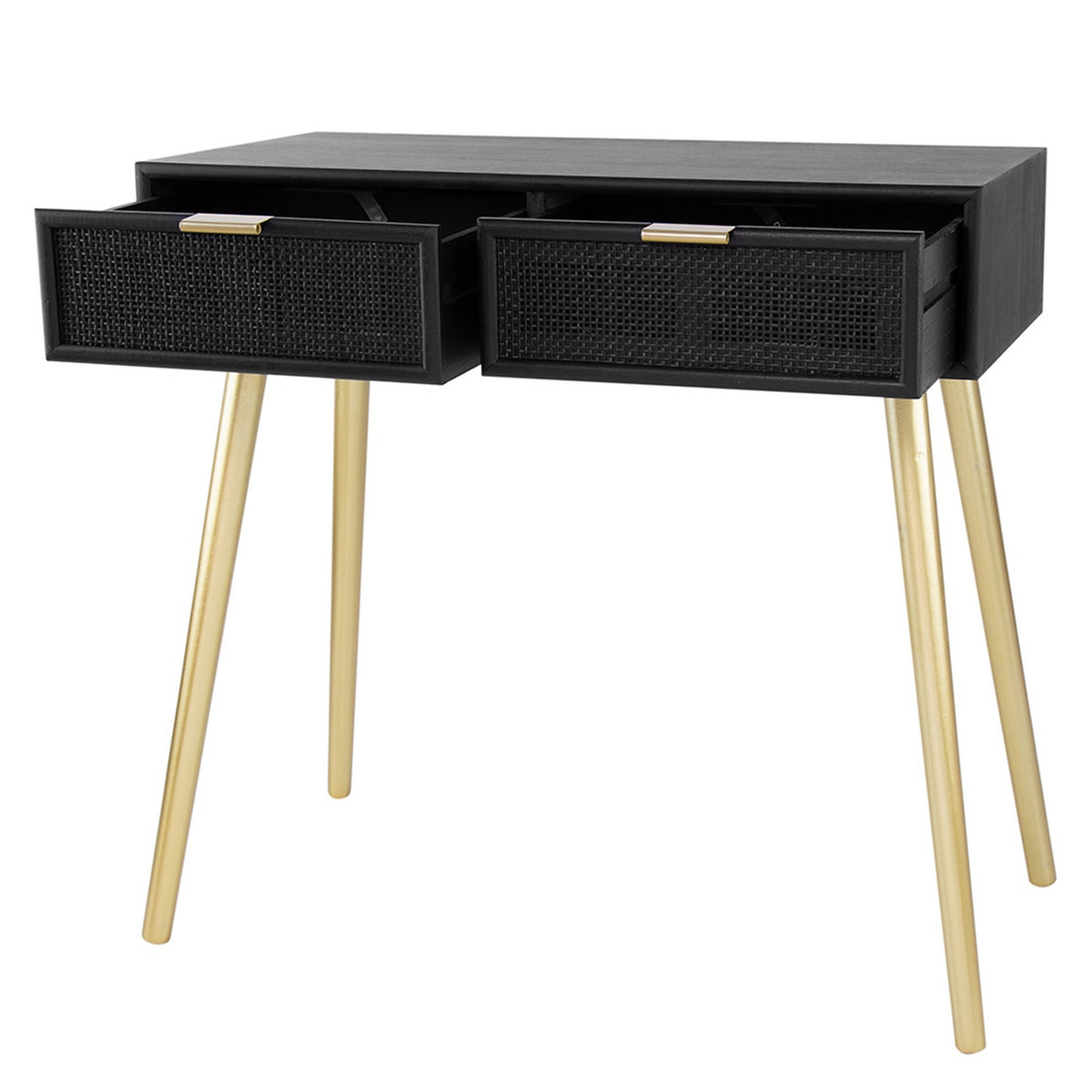 Pia 32 Inch Wood Console Table, 2 Drawers, Woven Rattan Design, Black, Gold - BM285177