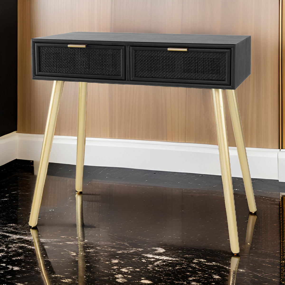 Pia 32 Inch Wood Console Table, 2 Drawers, Woven Rattan Design, Black, Gold - BM285177