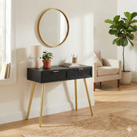 Pia 32 Inch Wood Console Table, 2 Drawers, Woven Rattan Design, Black, Gold - BM285177