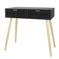 Pia 32 Inch Wood Console Table, 2 Drawers, Woven Rattan Design, Black, Gold - BM285177