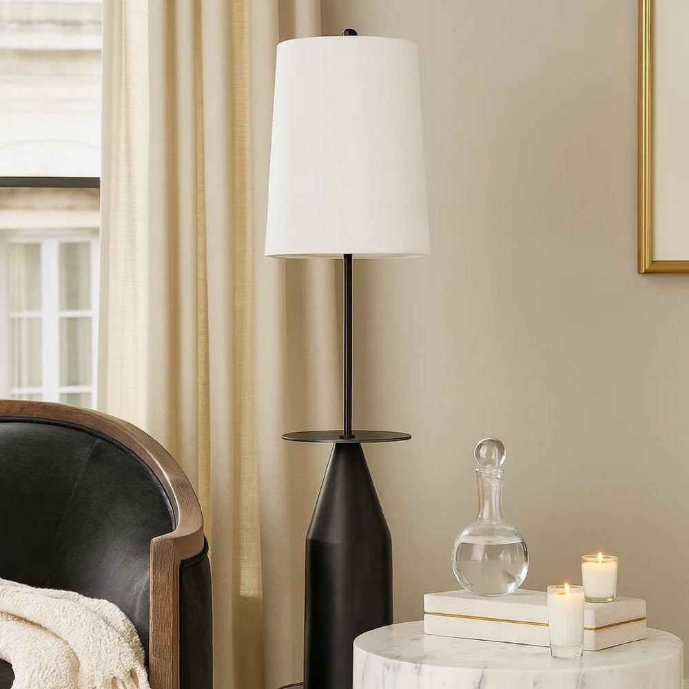 61 Inch Modern Floor Lamp, Round Drum Shade, Aluminum Frame, White, Black - BM285178