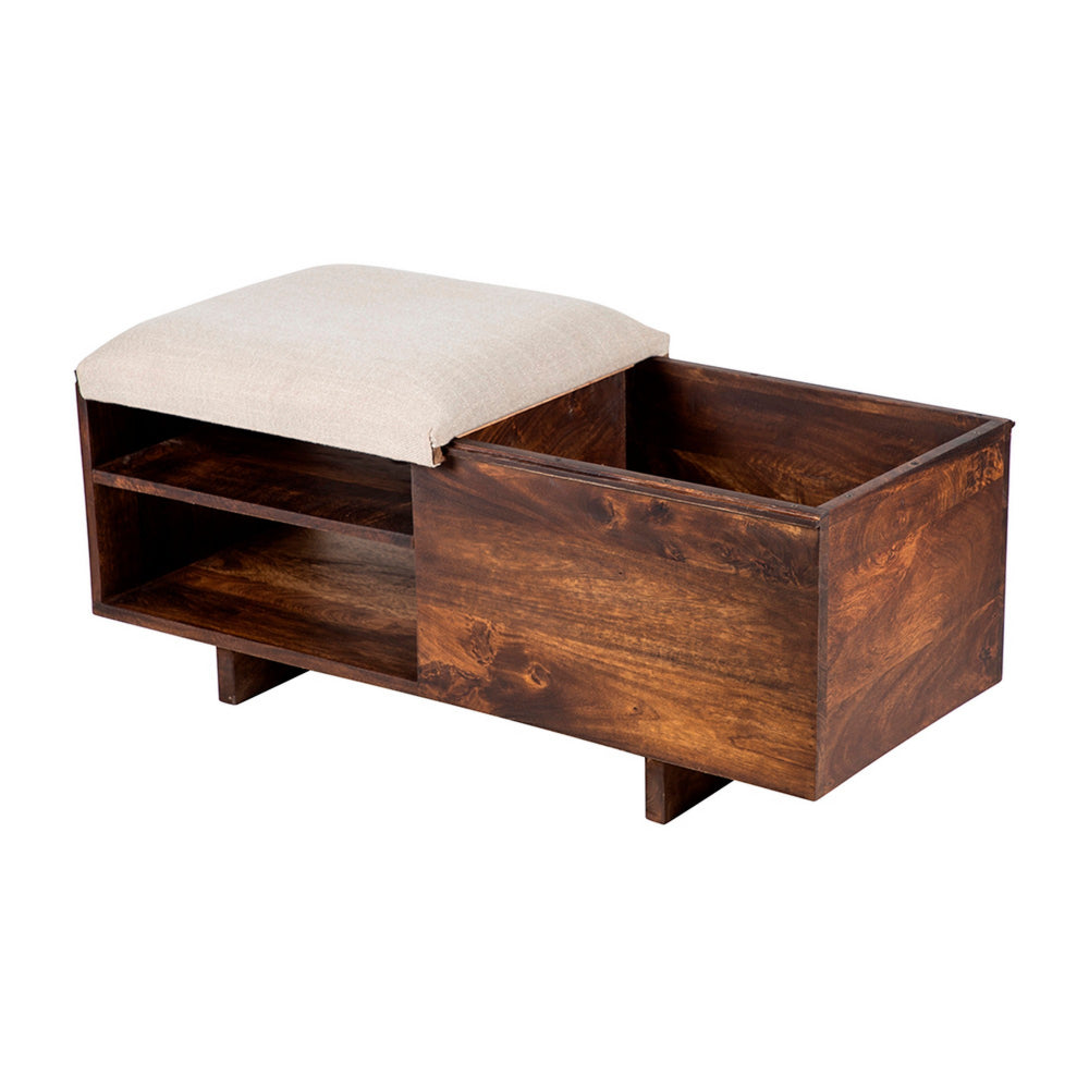 40 Inch Accent Storage Bench, Sliding Cushion Top, Modern, Brown Wood - BM285207