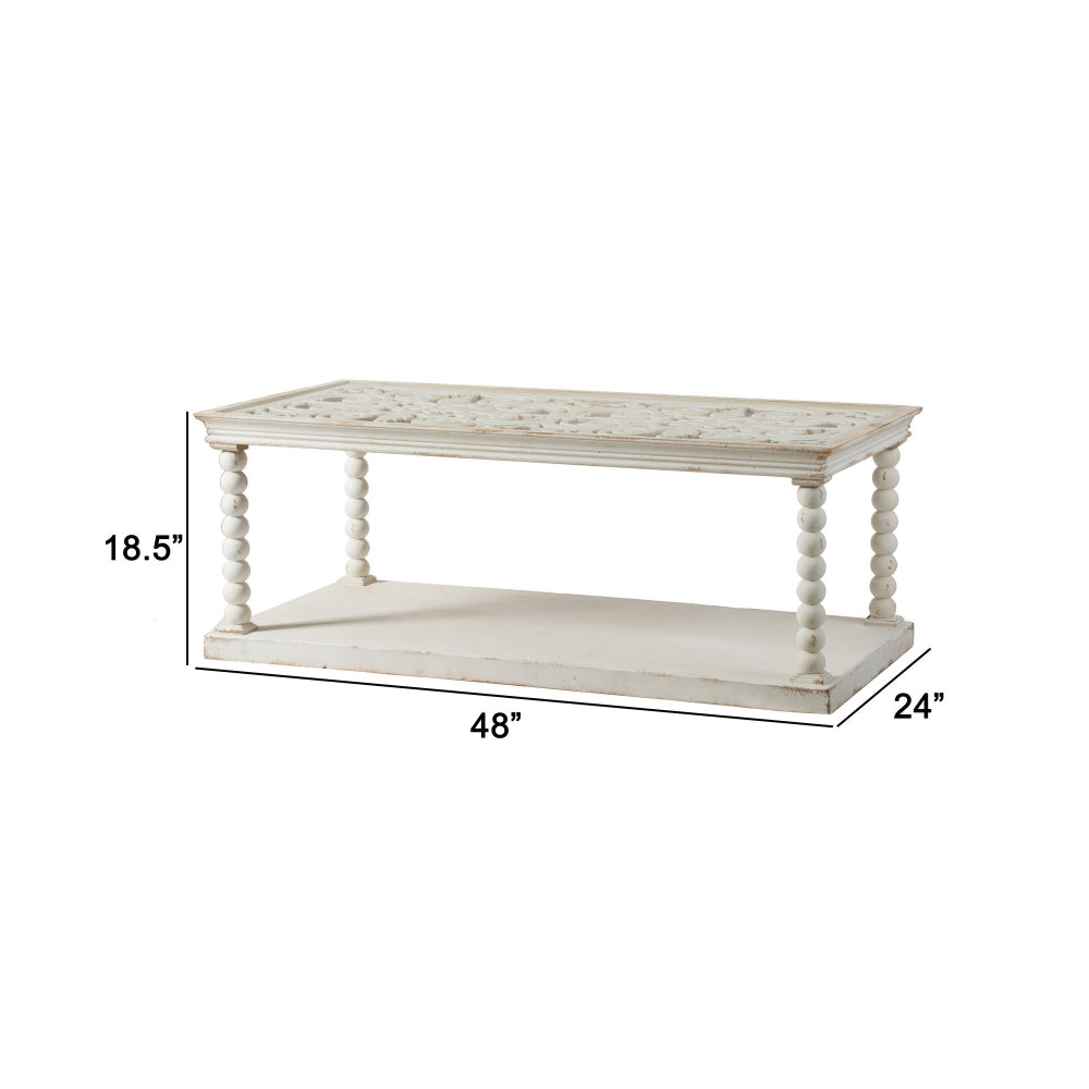 48 Inch Coffee Table, Rectangular, Glass Top, Scroll Design, Vintage White - BM285217