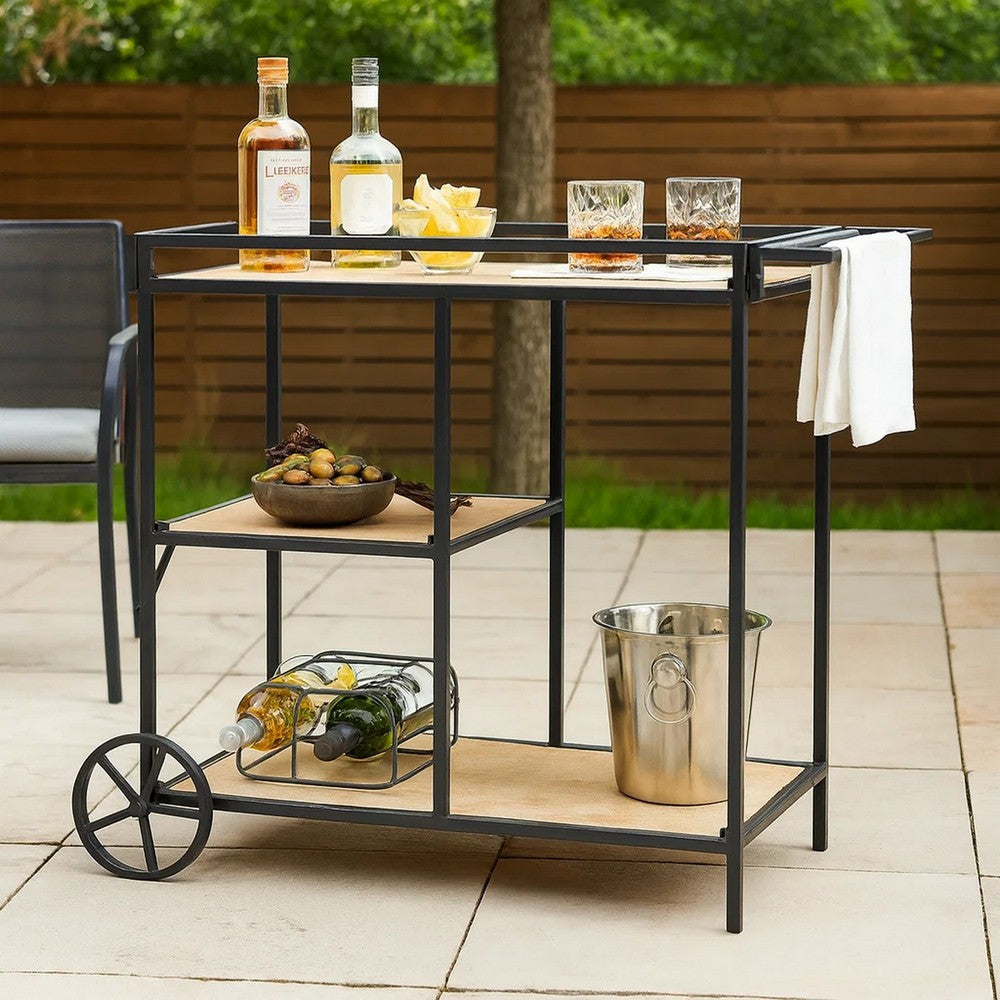 32 Inch Bar Cart, 3 Tiers, Fir Wood Shelves, Iron Frame, Black, Brown - BM285235