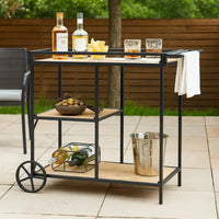 32 Inch Bar Cart, 3 Tiers, Fir Wood Shelves, Iron Frame, Black, Brown - BM285235