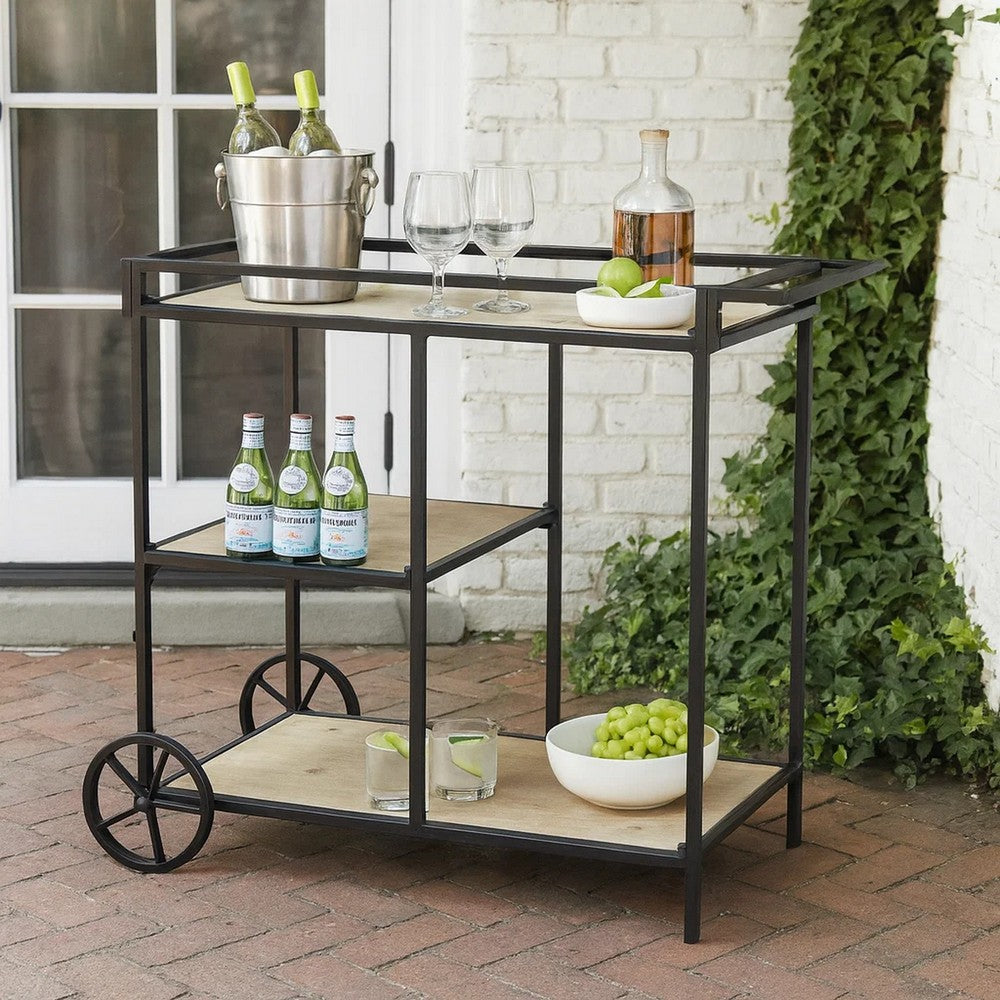 32 Inch Bar Cart, 3 Tiers, Fir Wood Shelves, Iron Frame, Black, Brown - BM285235