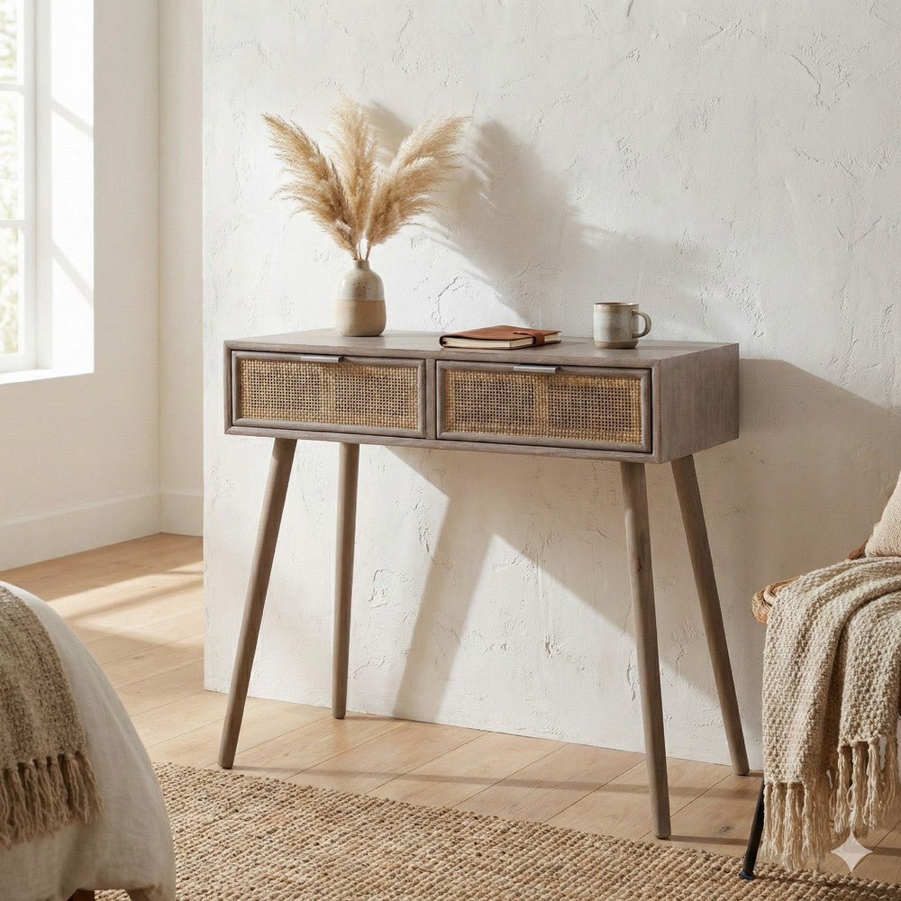 Pia 31 Inch Console Table, Pine Wood, 2 Drawer, Woven Rattan, Rustic Brown - BM285242