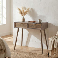 Pia 31 Inch Console Table, Pine Wood, 2 Drawer, Woven Rattan, Rustic Brown - BM285242