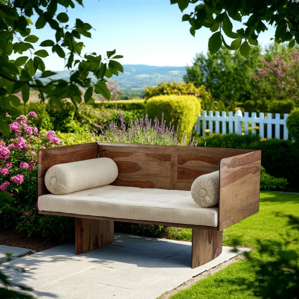 Enid 55 Inch Two Seater Sofa Bench, Modern Rustic Wood Frame, Brown - BM285245