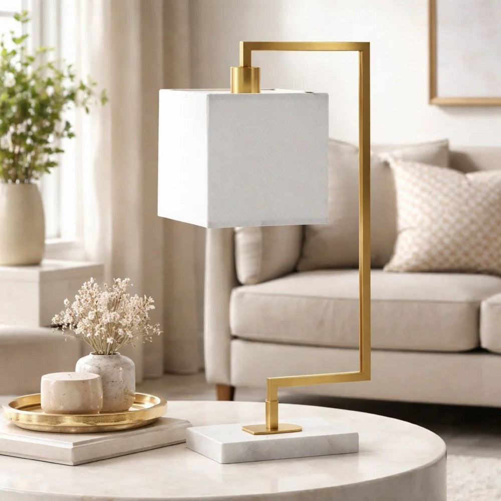 25 Inch Modern Geometric Table Lamp, Square Shade, White Marble Base, Gold - BM285255