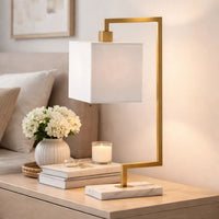 25 Inch Modern Geometric Table Lamp, Square Shade, White Marble Base, Gold - BM285255