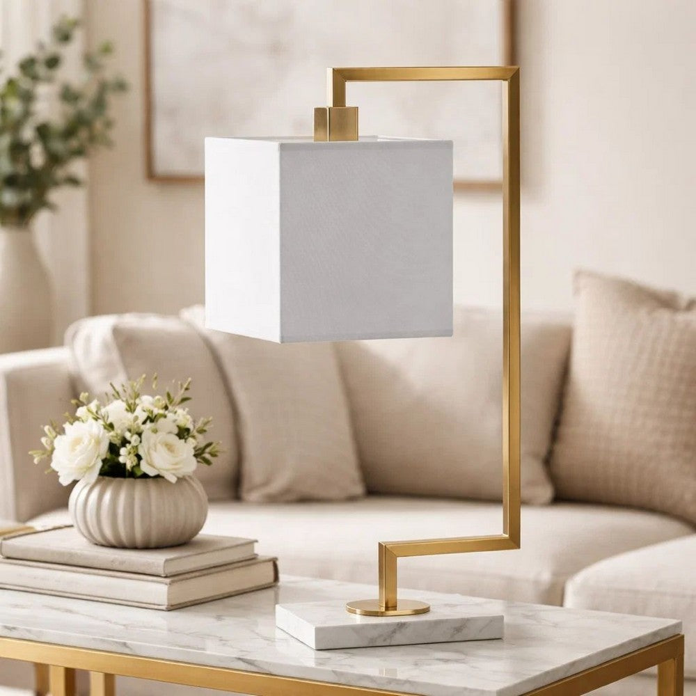 25 Inch Modern Geometric Table Lamp, Square Shade, White Marble Base, Gold - BM285255