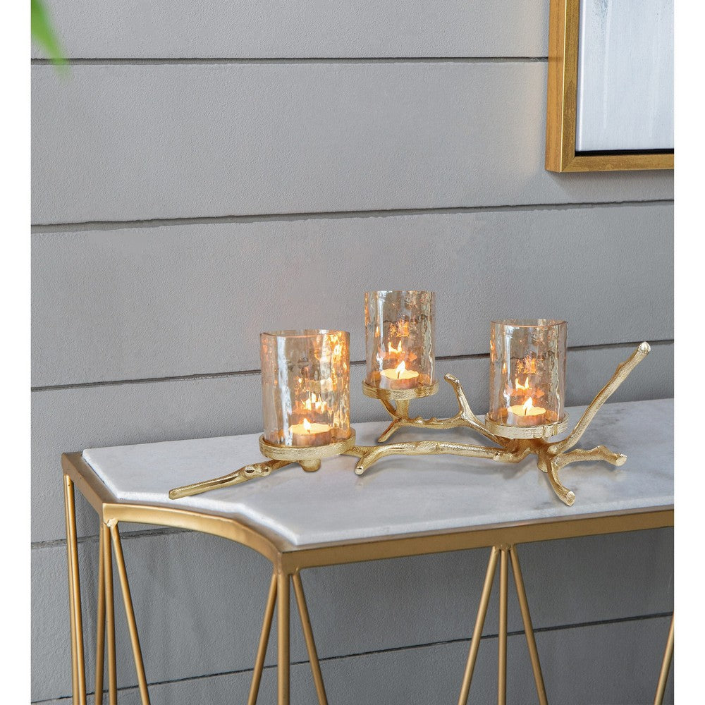 16 Inch 3 Pillar Candle Holder, Aluminum, Accented Frosted Glass, Gold - BM285263