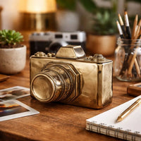 6 Inch Decorative Camera Table Top Accent, Distressed Gold Finish Ceramic - BM285272