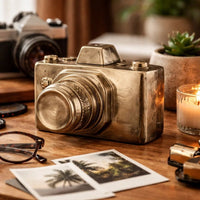 6 Inch Decorative Camera Table Top Accent, Distressed Gold Finish Ceramic - BM285272