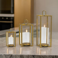 19, 15, 11 Inch Lanterns, Set of 3, Tea Light Glass Holders, Modern, Gold - BM285278