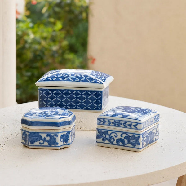 Set of 3 Decorative Boxes, White and Blue Porcelain Pottery, Floral Designs - BM285351