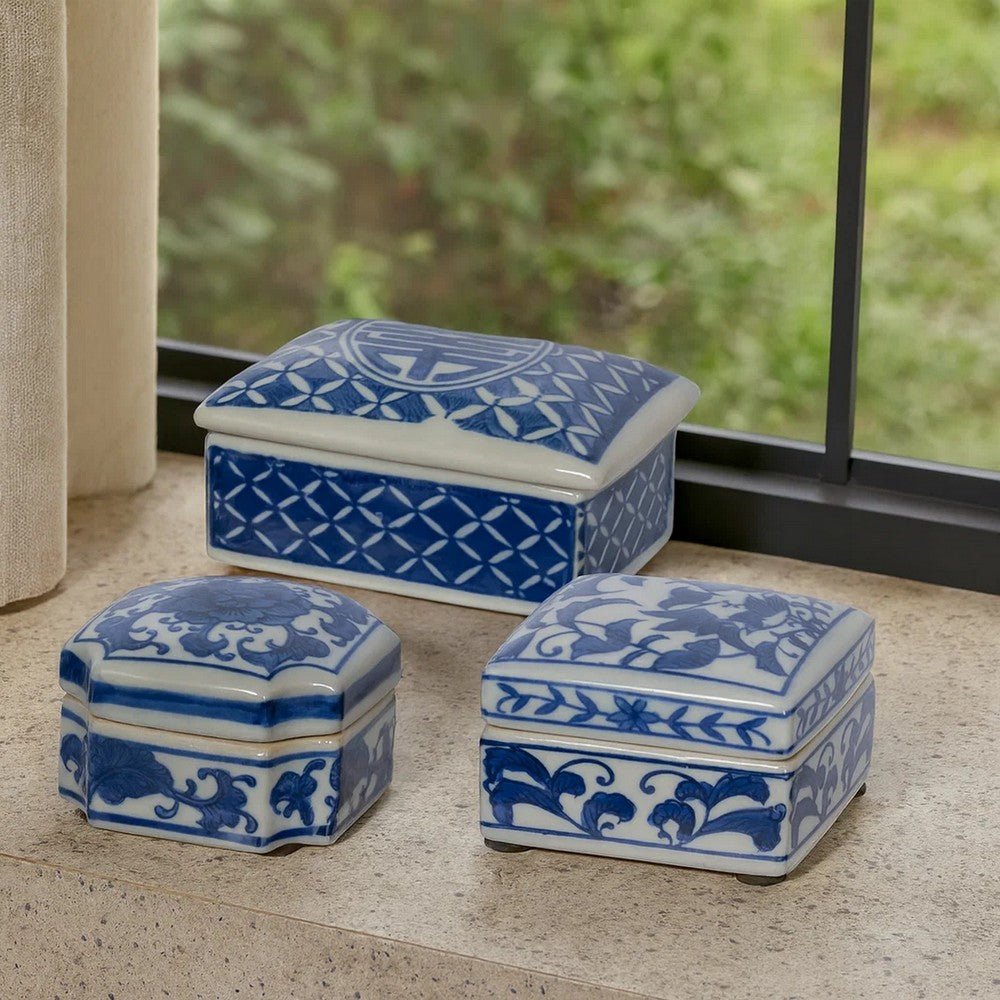 Set of 3 Decorative Boxes, White and Blue Porcelain Pottery, Floral Designs - BM285351
