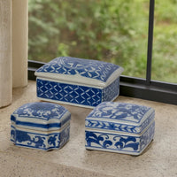 Set of 3 Decorative Boxes, White and Blue Porcelain Pottery, Floral Designs - BM285351