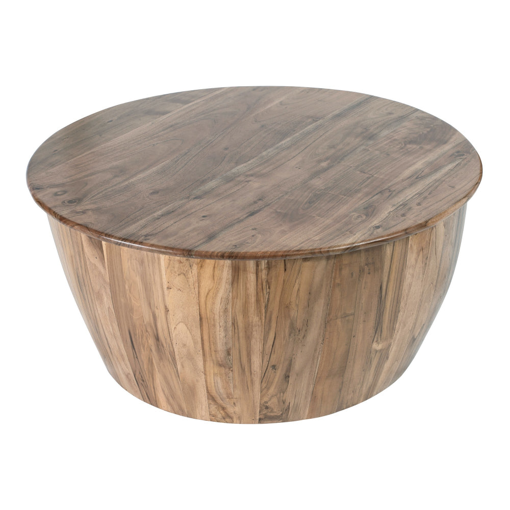 37 Inch Round Coffee Table, Drum Shape, Mango and Sheesham Wood, Brown - BM285374