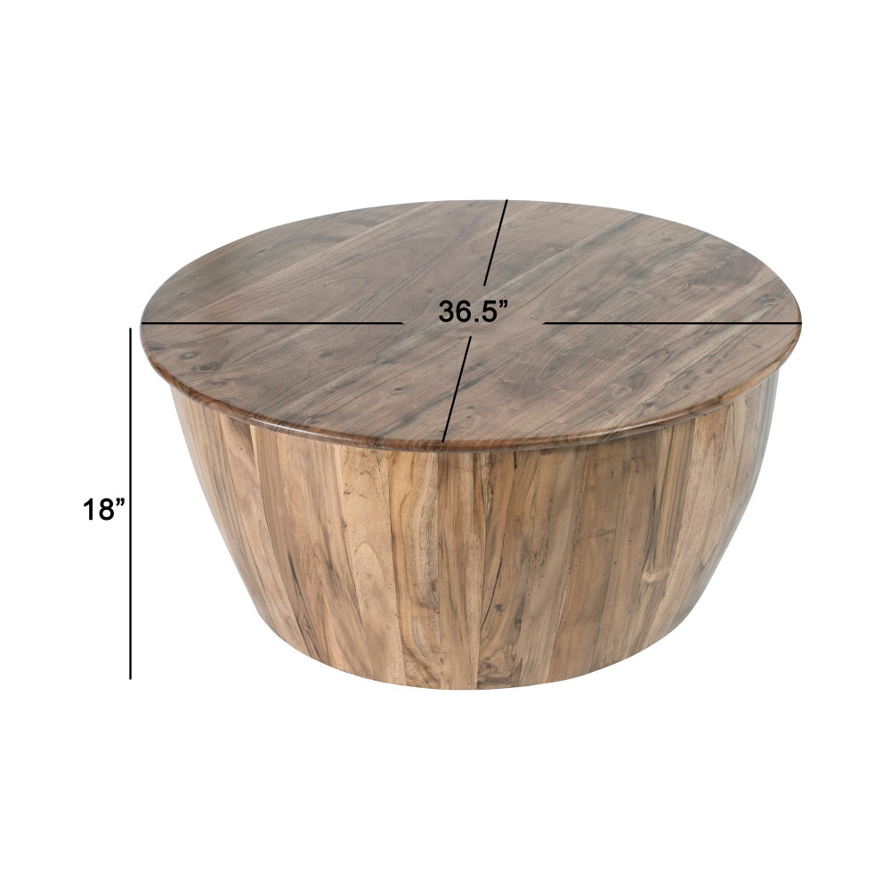 37 Inch Round Coffee Table, Drum Shape, Mango and Sheesham Wood, Brown - BM285374
