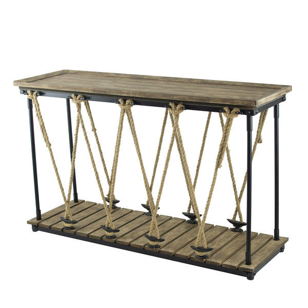 52 Inch Console Table, Rustic Plank Top with Crossed Rope Design, Brown - BM285382