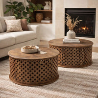 35, 34 Inch Coffee Table Set of 2, Mango Wood Lattice Design, Brown - BM285392