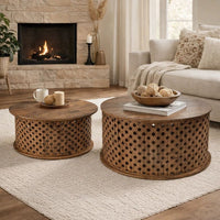 35, 34 Inch Coffee Table Set of 2, Mango Wood Lattice Design, Brown - BM285392