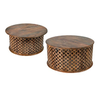 35, 34 Inch Coffee Table Set of 2, Mango Wood Lattice Design, Brown - BM285392
