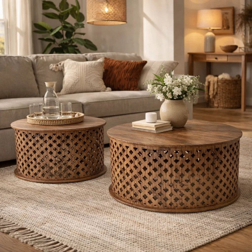 35, 34 Inch Coffee Table Set of 2, Mango Wood Lattice Design, Brown - BM285392