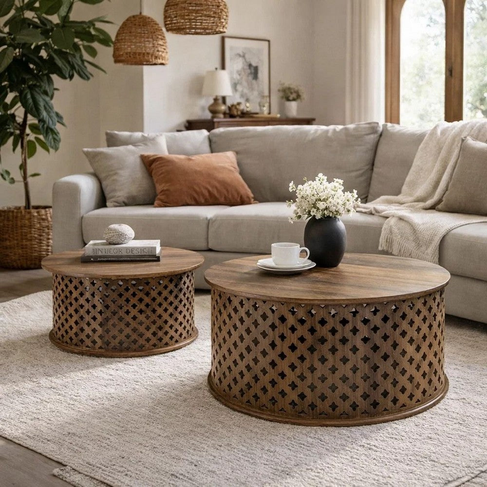 35, 34 Inch Coffee Table Set of 2, Mango Wood Lattice Design, Brown - BM285392