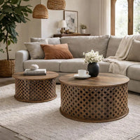 35, 34 Inch Coffee Table Set of 2, Mango Wood Lattice Design, Brown - BM285392