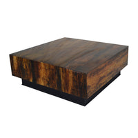 32 Inch Rustic Coffee Table, Teak Wood Plinth Base, Grain Details, Brown - BM285418