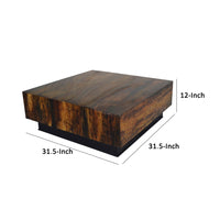 32 Inch Rustic Coffee Table, Teak Wood Plinth Base, Grain Details, Brown - BM285418