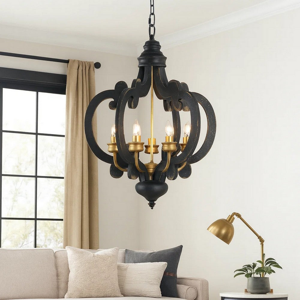 Aki 21 Inch Carved Wood Chandelier, 6 Lights, Vintage Classic, Black, Gold - BM285442