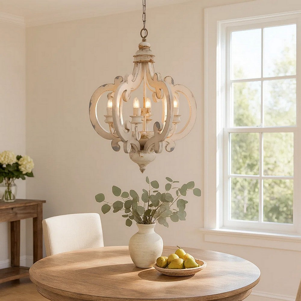 Aki 21 Inch 6 Light Chandelier, Carved Wood Frame, Classic, Vintage, White - BM285443