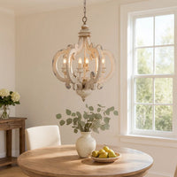 Aki 21 Inch 6 Light Chandelier, Carved Wood Frame, Classic, Vintage, White - BM285443