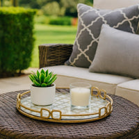 Sui 18 Inch Round Decorative Tray, Glass Bottom and Gold Geometric Frame - BM285515