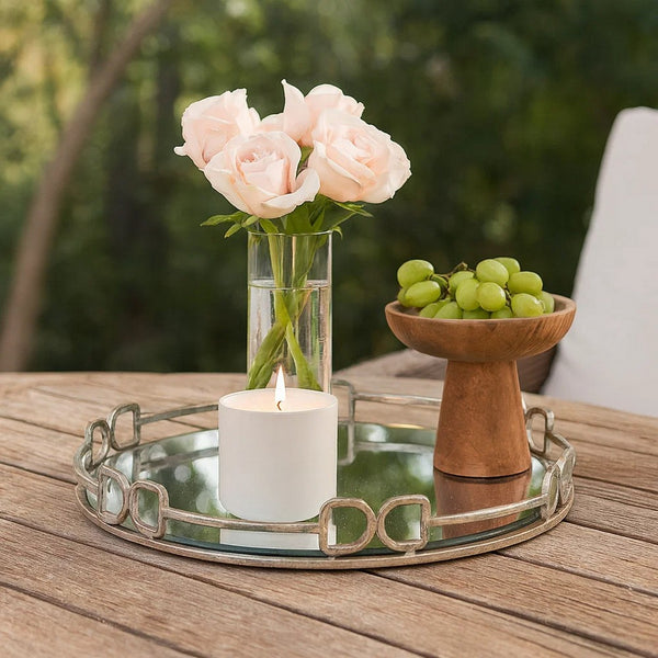 Sui 18 Inch Round Tray, Glass Bottom,  Silver Geometric Frame, Large - BM285516