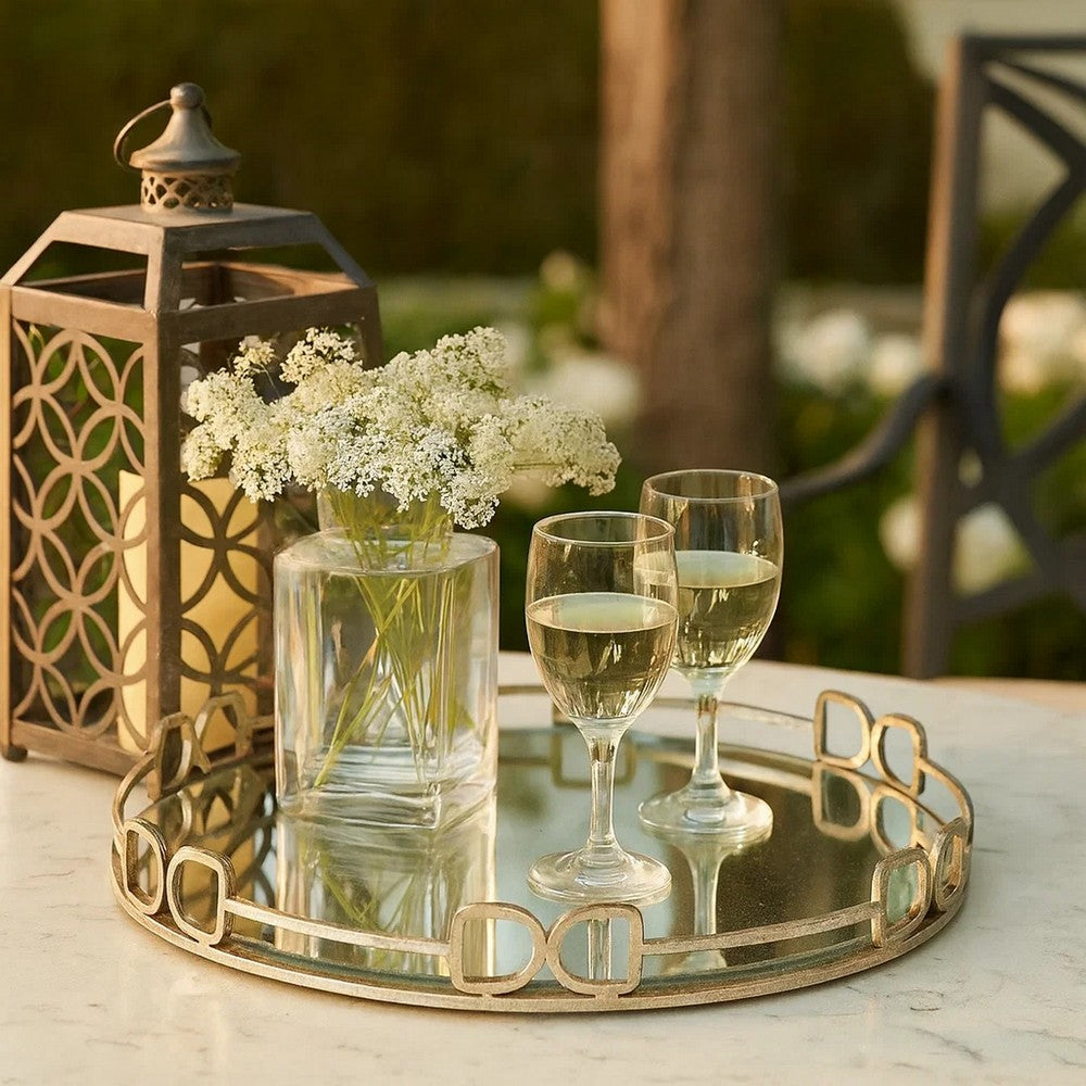 Sui 18 Inch Round Tray, Glass Bottom,  Silver Geometric Frame, Large - BM285516