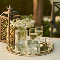 Sui 18 Inch Round Tray, Glass Bottom,  Silver Geometric Frame, Large - BM285516