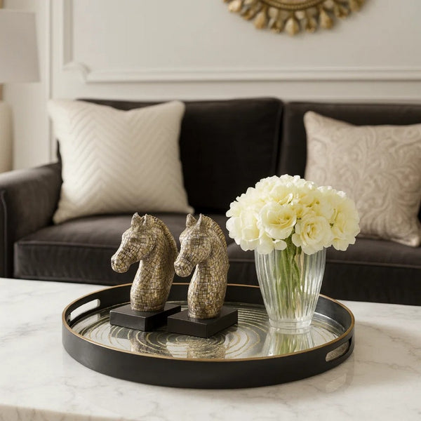 18 Inch Decorative Tray, Round Black Wood Frame, Mirrored Bottom - BM285518