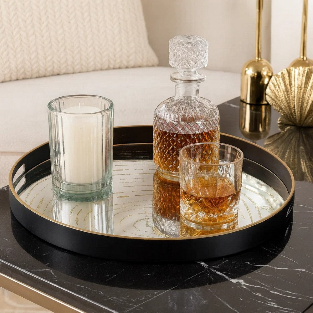 18 Inch Decorative Tray, Round Black Wood Frame, Mirrored Bottom - BM285518