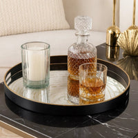 18 Inch Decorative Tray, Round Black Wood Frame, Mirrored Bottom - BM285518